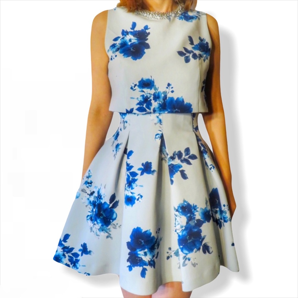 Blue 👗 Floral Dress w/attached Necklace